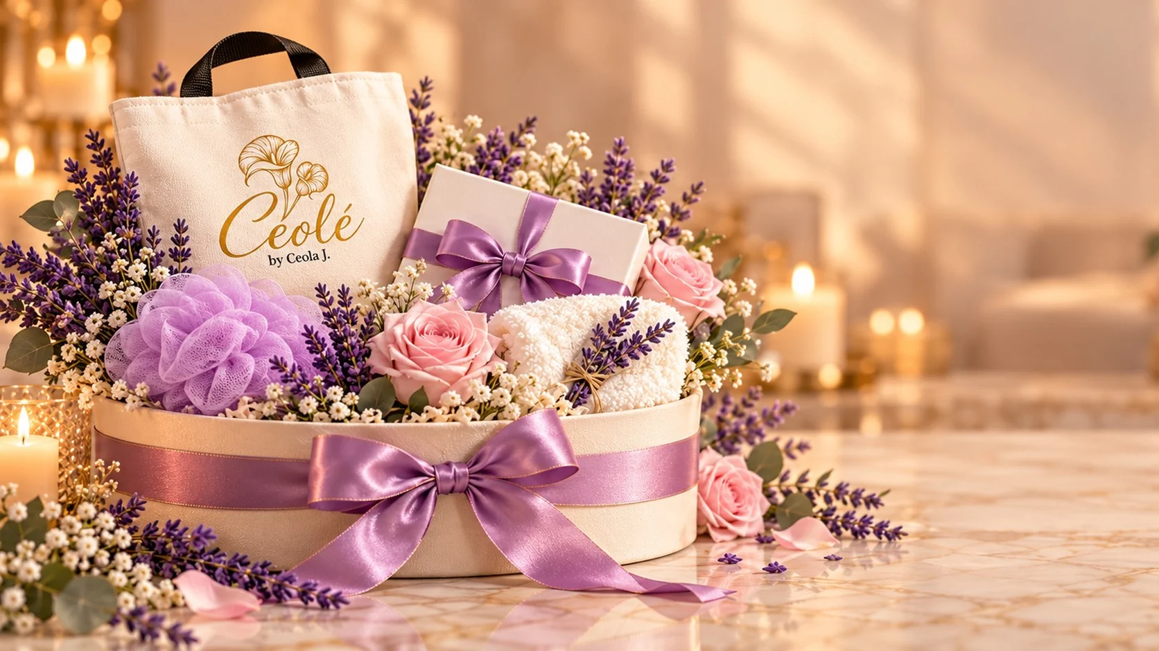 Ceolé tote bag and ribboned gift box in a basket of lavender, roses and candlelight.